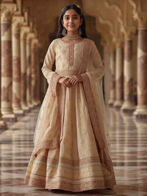 Elegant embroidered Anarkali kurta for girls with dupatta in festive traditional design