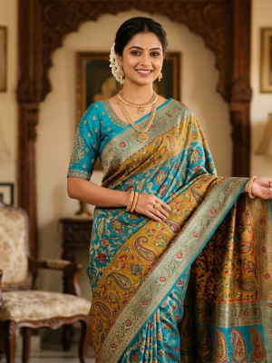 Teal Pashmina Saree With Floral Design And Rich Golden Border