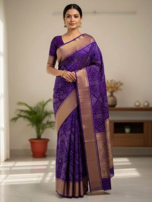 Traditional Patola silk saree with rich geometric ikat design and golden zari border